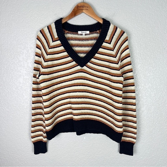 Madewell Arden Retro Striped V-Neck Cotton Cropped Pullover Casual Sweater S - Picture 2 of 9